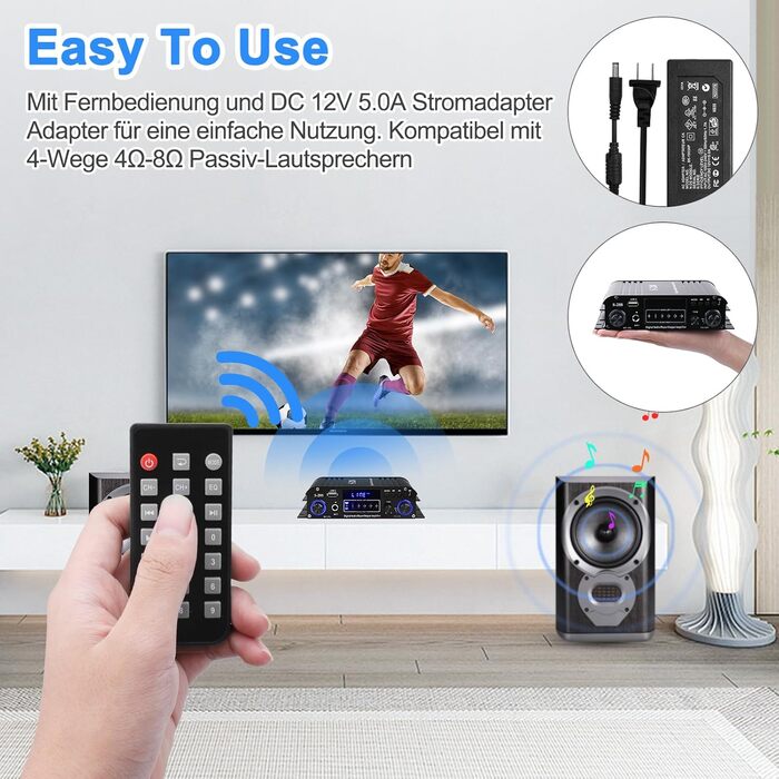 HiFi підсилювач S-288 600Вт, міні Bluetooth стерео аудіо ресивер, 12В/220В, 4 канали, цифровий підсилювач із LCD-дисплеєм, FM-радіо, Bluetooth, USB-вхід, для дому або авто