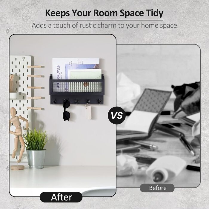 Brief and key holder for wall decoration, 27.9 cm (11 inches) wooden wall key organizer with 5 key hooks, wall mount, storage shelf for entryway, hallway (white) (black)