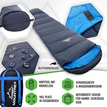 Сплячий мішок MOUNTREX® - компактний та ультралегкий (760г/1500г) - Outdoor (100GSM) / 3-4 сезони (300GSM) - Мумієвидний спальний мішок - для кемпінгу, подорожей, фестивалів - теплий та з'єднувальний (Темно-синій/Синій), літній спальний мішок