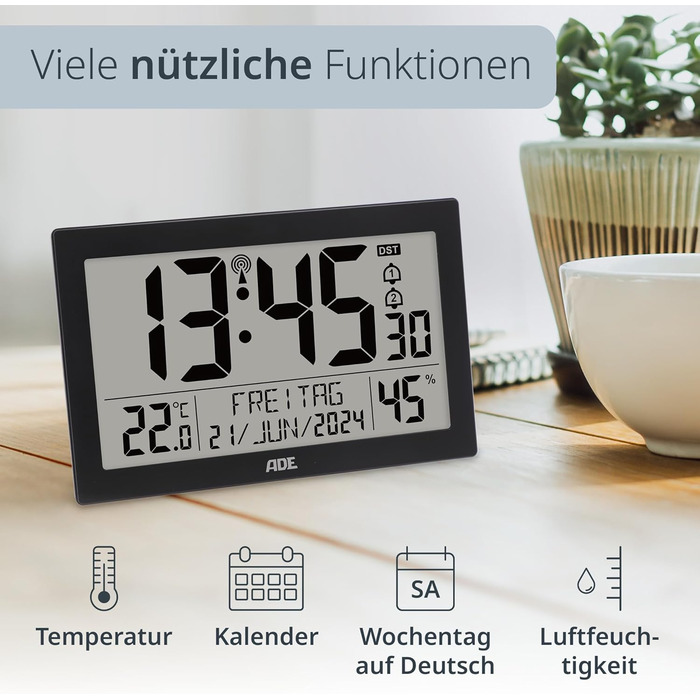 Digital Radio Clock with Large XL Display | Calendar | with Temperature Display & Hygrometer | Wall Clock | Radio Alarm Clock with 2 Alarm Times and Snooze Function | black