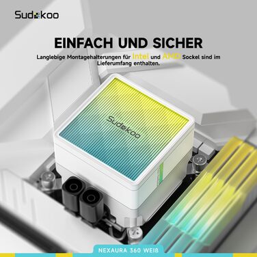 Система водяного охолодження CPU Sudokoo NEXAURA 360: AIO з 3 вентиляторами ARGB PWM та тихою помпою 2500–3600 RPM. Підтримка Intel LGA 1851/1700/1200/115X, AMD AM5/AM4. TDP 300W.
