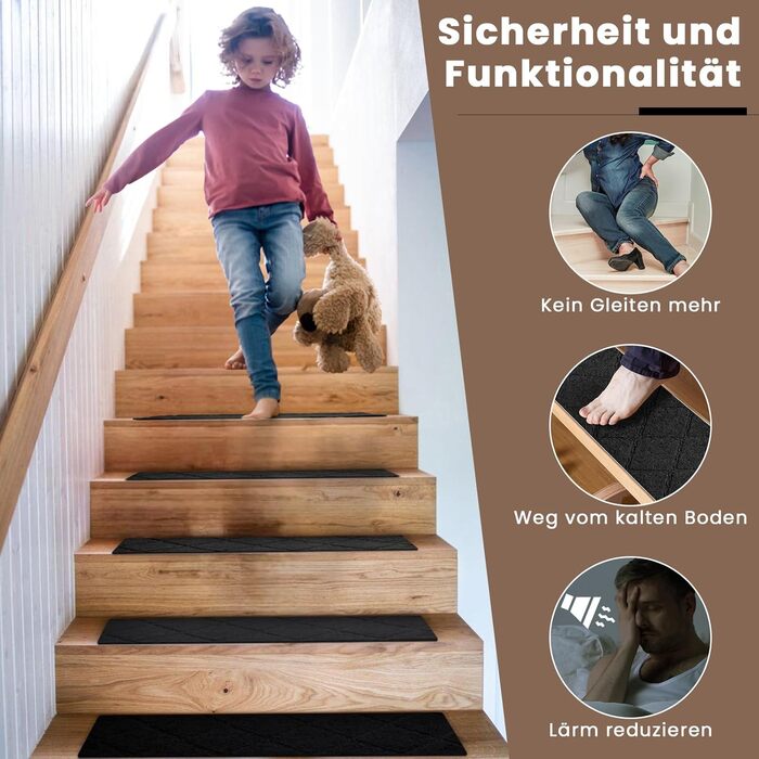 Килимок для сходів, 15 шт., самоклеючий, антиковзкий, для дому, можна різати, багаторазовий, захист від ковзання для дітей, домашніх тварин та літніх людей (55х19 см, 65х20 см, чорний)