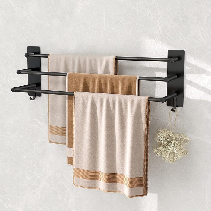 Тримач для рушників Vista з 3-ма штангами, без свердління, нержавіюча сталь SUS304, сріблястий, з двома гачками, 60 см, для кухні, ванної кімнати, спальні