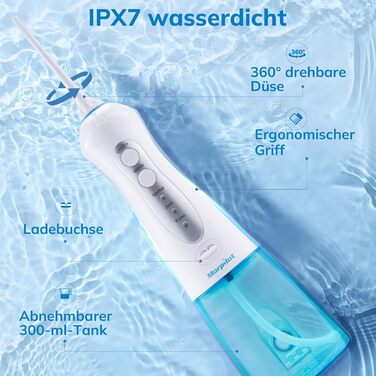 Електрична зубна нитка Morpilot Munddusche: 3 режими, 4 насадки, 300 мл, USB, IPX7, блакитна