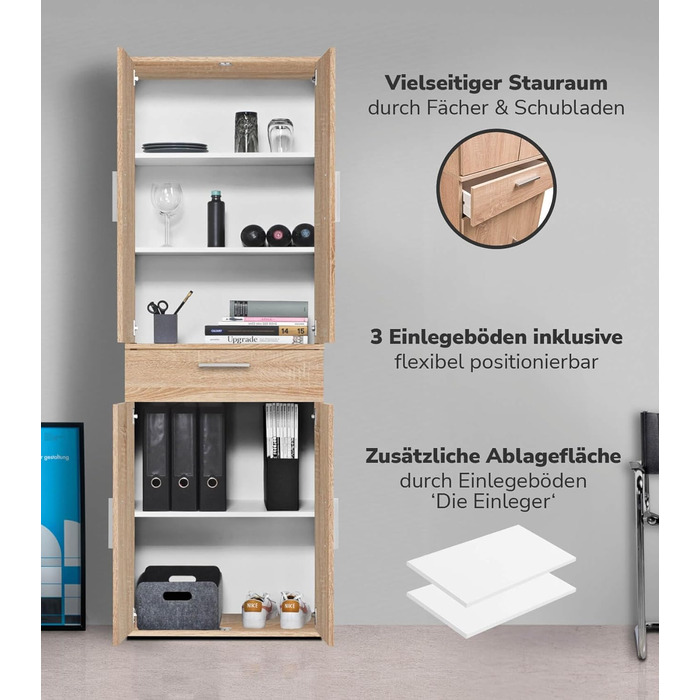 Multipurpose cabinet 60cm wide with drawers 'The Practical', small office cabinet or filing cabinet, also as a shoe cabinet or storage cabinet in 60x90x34 cm (W/H/D) in White (Height 180CM, Sonoma Oak -69)