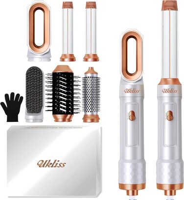 UKLISS 6-в-1 Стайлер для волосся та фен Pro, Набір для сушки та укладки, Автоматична плойка для локонів, Випрямляч для волосся, Іонний фен, Airbrush стайлер, Подарунковий набір для жінок, Блакитний (Weiß Pro)