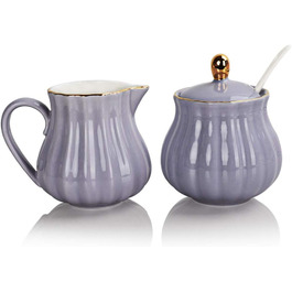 Sweejar Home Royal Ceramic Sugar and Creamer Set, 3-Piece Set with Cream Pitcher, Sugar Bowl, Sugar Set with Lid and Spoon (purple)