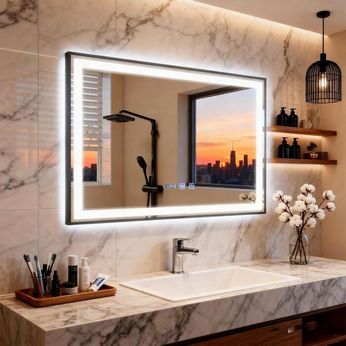 Дзеркало для ванної кімнати YU YUSING з підсвічуванням 60x80 см, антизапар, 3 кольори світла, регулювання яскравості, LED-дзеркало з годинником, IP44, вертикальне, срібло (чорний металевий каркас, 70x50 см)