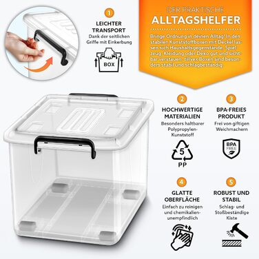 tillvex® Storage Boxes with Lid, 4-Piece Set - 13 Liters, Food Safe | Plastic Boxes Set Stackable | Storage Organization System Box Large | Storage Boxes Clothes Boxes 100% New Material