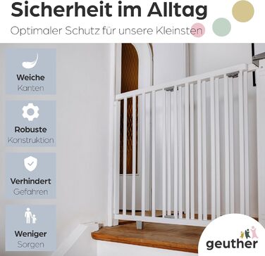 Захист для сходів Geuther Oris | Дверний захист для сходів з кріпленням, 2 клямки для поручнів, ширина | Стабільний захист з розпадною дверцятами | Дерев'яне дитяче гiтер, натуральний лак (білий, 95-135 см)