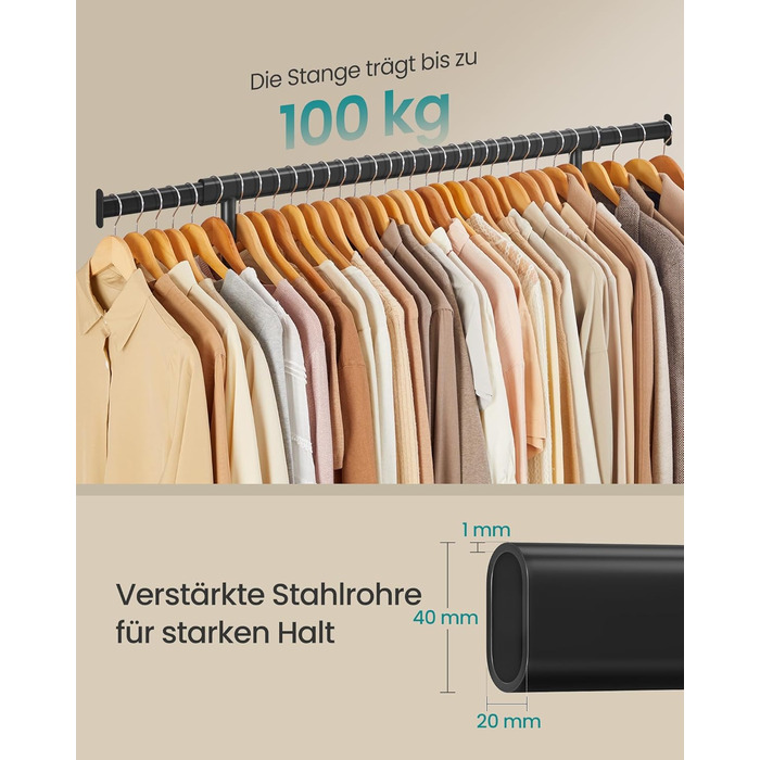 SONGMICS Clothes Rack with Wheels, Heavy-Duty Garment Rack, Extendable Clothes Rod, Load Capacity up to 100 kg, Easy Assembly, Portable, Black HSR13BKV1
