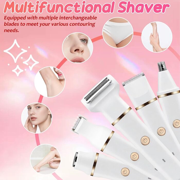 Електрична бритва для жінок 5 в 1 Lady Shaver: набір з 5 змінними насадками для ніг, бікіні та носа, водонепроникна IPX7, для вологого та сухого гоління, біла