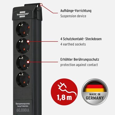 Бренненштуль Преміум-лайн: мережевий фільтр 6 виходів з захистом від перенапруги до 60 000A (з вимикачем та 3м кабелем, для монтажу на стіну, Made in Germany), чорний (струмопровід 60 000A, комплект мережевої стрічки)