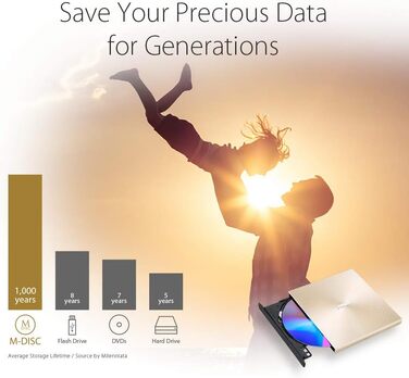 Зовнішній DVD-записувач Asus ZenDrive U9M з підтримкою USB-C та USB-A, Gold
