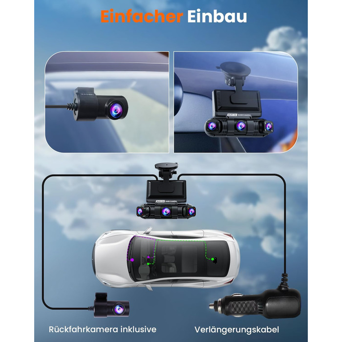 Автомобільний відеореєстратор 360° 4-канальний 2K+1080P, бездротовий з Wi-Fi та додатком, G-сенсором, 8 ІЧ-LED для нічної зйомки, карта пам'яті 128GB у комплекті