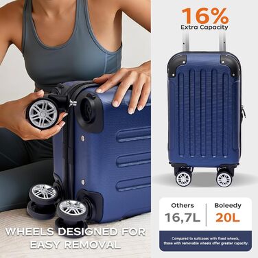 Набір валіз Boleedy 3шт, дорожні валізи (55/66/76 см), ручна поклажа, жорсткий корпус, 360° обертання, тихі подвійні колеса, телескопічна ручка, темно-синій