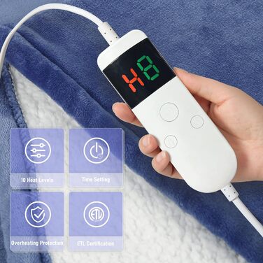 Електрична ковдра Qieryun з автовимкненням, 130x180 см, 10 режимів нагріву, таймер, захист від перегріву, фланель, для дому та офісу (Небесно-блакитний, 150 x 180 см)