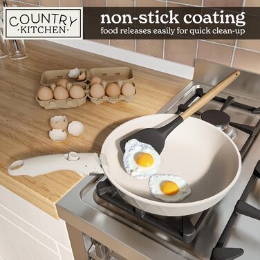 Набір посуду Country Kitchen 16 предметів з керамічним антипригарним покриттям, знімні дерев'яні ручки, для дому та кемпінгу, жаростійкий (кремовий)