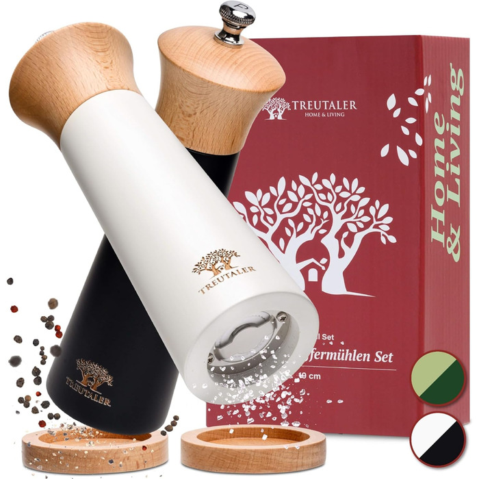 Plastic-Free Salt and Pepper Grinder with Coaster | Spice Grinder Set made of Solid Wood with Stepless Stainless Steel Mechanism and Ceramic Grinder | White & Black