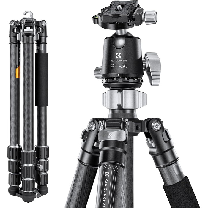 Штатив для камери K&F Concept 156cm з вуглецевого волокна, компактний, знімний монопод, кульова головка 360°, вантажопідйомність 15 кг, A255C2+BH-36L