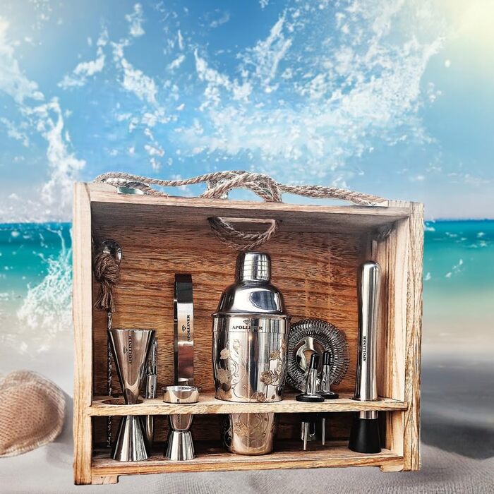 Cocktail Shaker, Professional Cocktail Shaker Set, Stainless Steel, 16 Pieces, Wooden Carrier, Easy to Carry, for Storing Aperitifs, Cocktail Set (16)