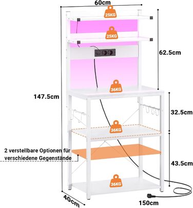 Кухонна полиця-органайзер з розеткою, стійка для мікрохвильовки, 5-ярусна кавобар з LED-підсвічуванням, полиця для спецій, каструль та сковорідок (60см, білий)