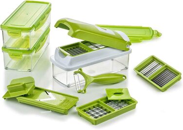 Набір для нарізки овочів Genius Nicer Dicer Smart (14 шт.) - набір для нарізки кубиками, соломкою, слайсами, смужками та чвертями, з рецептами. Включає салатослайсер, мандоліну та овочечистка.