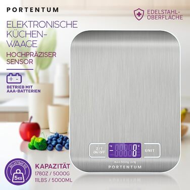 Кухонні ваги PORTENTUM 5 кг з LCD-дисплеєм, з нержавіючої сталі, з функцією тарування, для вимірювання рідини, точність 1 г, сріблясті