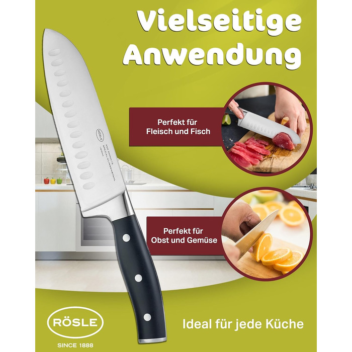 Кухонний ніж RÖSLE Santoku 17,5 см з куленшліфом, ергономічна ручка, для м'яса, риби та овочів, японська форма леза, преміум якість