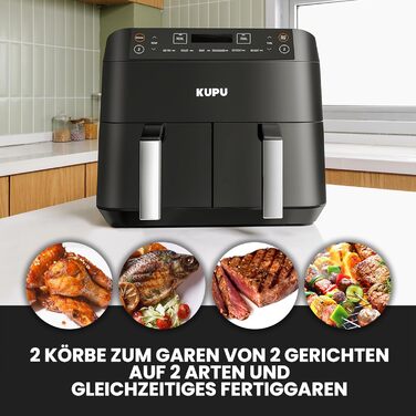 KUPU Аерофритюрниця 6 л, 1500 Вт, 6-в-1, без олії, 360° циркуляція повітря, регулювання температури 40-200°C, кошики для посудомийної машини, компактна
