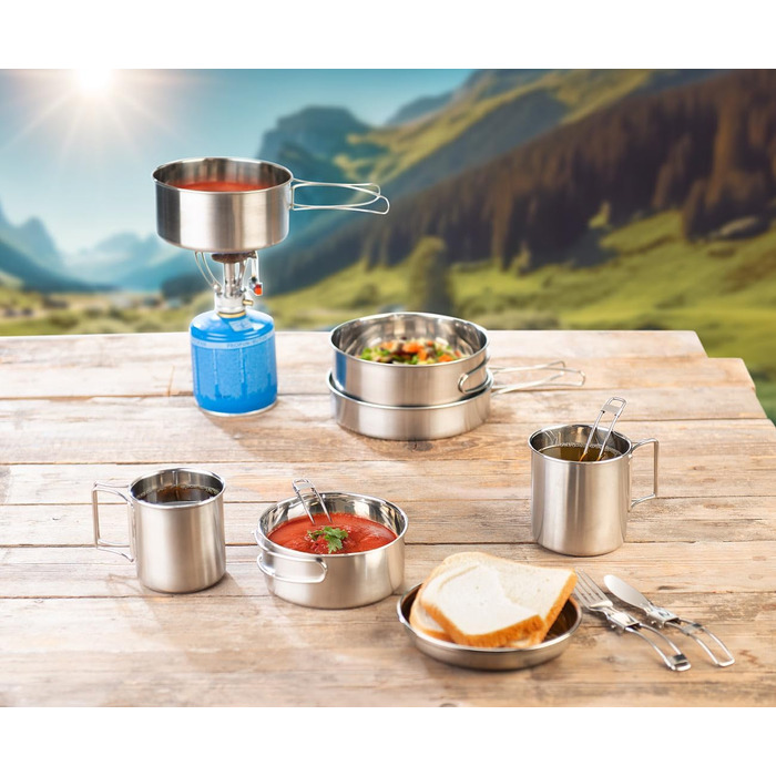Набір для кемпінгу Semptec Urban Survival Technology: 12-ти частинний набір посуду з нержавіючої сталі з посудом, столовими приборами та сумкою (каструлі, набір посуду, газовий набір для кемпінгу)