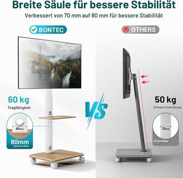 Мобільний стійка-підставка для ТБ BONTEC на колесах, 32-80 дюймів, дерев'яна основа, до 60 кг, білий