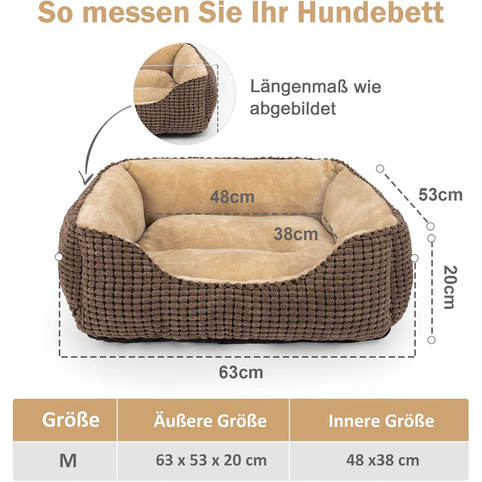 JOEJOY Dog Bed, Medium-Sized Dogs, Washable Dog Basket, Fluffy, Non-Slip Plush Dog Bed, 63x53x20cm, Dog Beds for Small and Medium Dogs and Cats (L 63 x W 53 x H 20 cm, Brown)