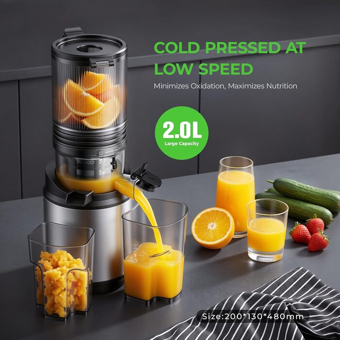 Електрична соковижималка для овочів та фруктів Slow Juicer, шнекова соковижималка для смузі та сорбету, широкий завантажувач 130мм, 250Вт, срібляста