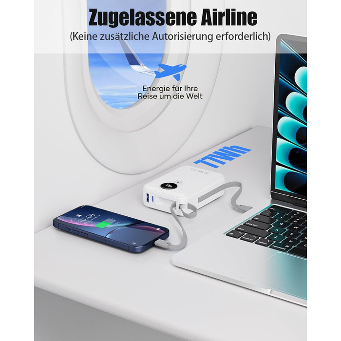 Power Bank 20000mAh з інтегрованим кабелем: Швидка зарядка 22.5W, USB C (вхід та вихід), акумулятор для мобільного телефону, Powerbank з 4 виходами та 2 входами, білий