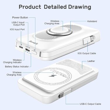 Power Bank 5-в-1 з 2 кабелями, 10000 mAh, магнітна бездротова батарея з кріпленням та підставкою, швидка зарядка, зовнішній акумулятор для iPhone 16/15/14/13, iWatch, подорожі, кемпінг, на вулицю