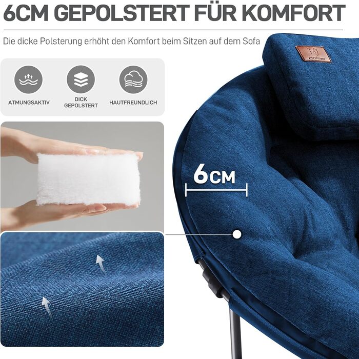 Крісло-місяць EVER ADVANCED Luxus XXL для кемпінгу, складне, до 150 кг, блакитне. З подушкою, для саду, балкону, приміщення.