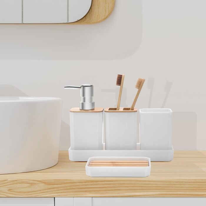 Набір аксесуарів для ванної кімнати FEILANDUO, 5 шт: дозатор для мила, мильниця, тримач для зубних щіток, стакан для води, піднос для косметики, Бохо, сучасний дизайн (білий)