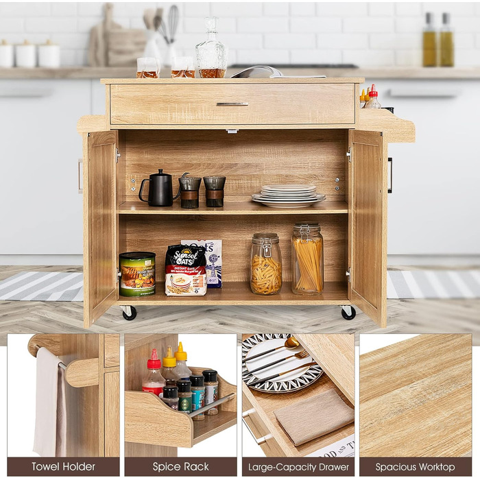 Кухонний візок Giantex на колесах з робочою поверхнею, білий, 116 x 40 x 85 см