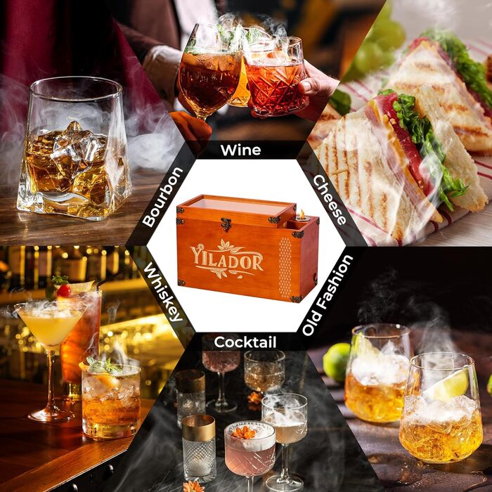 Набір для копчення їжі та напоїв в ретро стилі, дерев'яний димогенератор з вбудованою камерою та зберіганням, 6 дерев'яних стружок та бамбукова таця – для віскі, напоїв та продуктів, найкращий подарунок