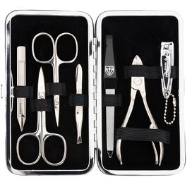 Набір для манікюру DREI SCHWERTER 'Sanremo' - Німецька якість | Преміум-набір для манікюру в чорному еко-шкіряному етиуі | Вміст: ножиці для нігтів, ножиці для кутикули, щипчики для нігтів, пінцет, напільничок з сапфіру та інше! (Імітація букета - Когняк)