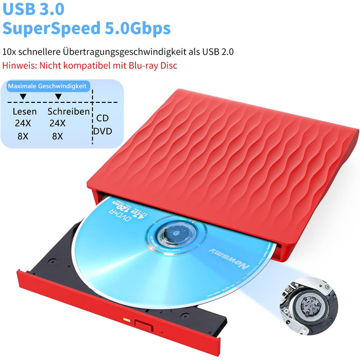 Зовнішній DVD CD привід USB 3.0 та Type-C, записувач CD/DVD +/-RW для ноутбука та ПК, сумісний з Windows, MacOS, Linux (червоний)