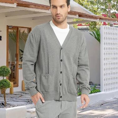 Чоловічий кардиган з в'язаного полотна, V-подібний виріз, бавовна, з ґудзиками та кишенями (сірий, M)