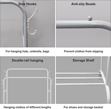 Metal Clothes Rack Clothes Stand Stable, Double Rod Durable with 1 Tier Shelf and 4 Side Hooks, Freestanding Clothes Rack, Multi-Purpose Organizer, Bedroom (Black2)