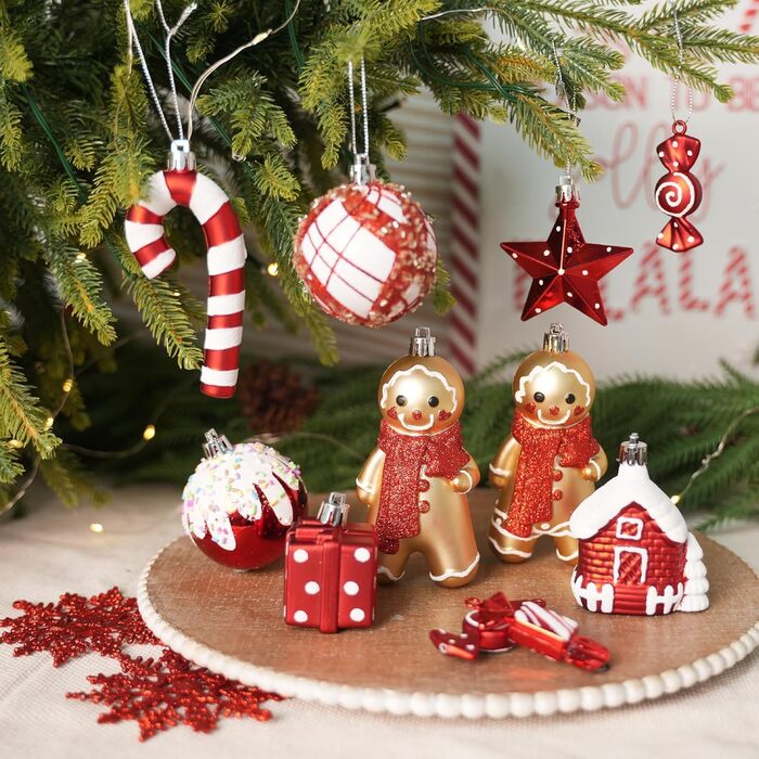 Набір прикрас на ялинку Shareconn 65 шт. - пластикові кулі, міцні, різні розміри та кольори (червоний та білий)