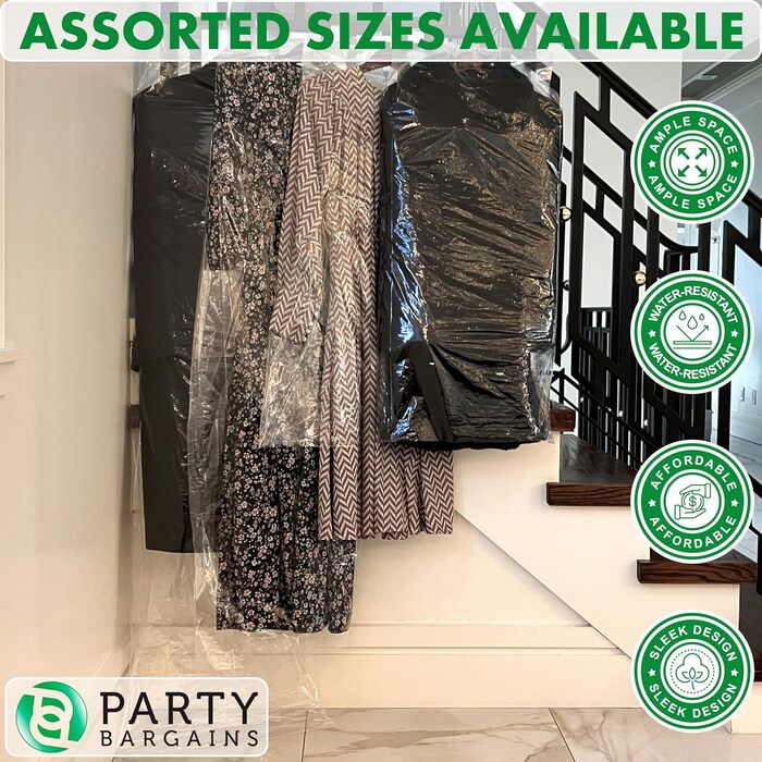 Прозорі пластикові чохли для одягу Party Bargains 63,5x101,6 см, 100 шт, 80 мкм, для хімчистки, пралень, захист костюмів, суконь, пальт, уніформи