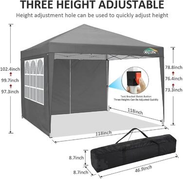 COBIZI Gazebo 3x3 Waterproof Folding Gazebo with 4 Side Walls Outdoor Folding Gazebo Stable UV Protection 50+ Pop-Up Garden Gazebo Party Tent for Outdoors, Garden, Party, Wedding, Market (3x3m Gray)