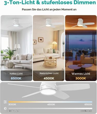 Стельовий вентилятор з LED-освітленням 106 см, 5 реверсивних лопатей, DC-мотор, дистанційне керування та APP, димований світловий потік, таймер 1/4/8 год, білий