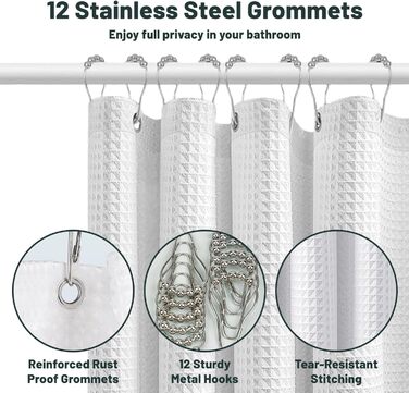 Штора для душу біла 180x180 см, вафельна, з металевими кільцями та гачками, водонепроникна, з утяжеленим краєм