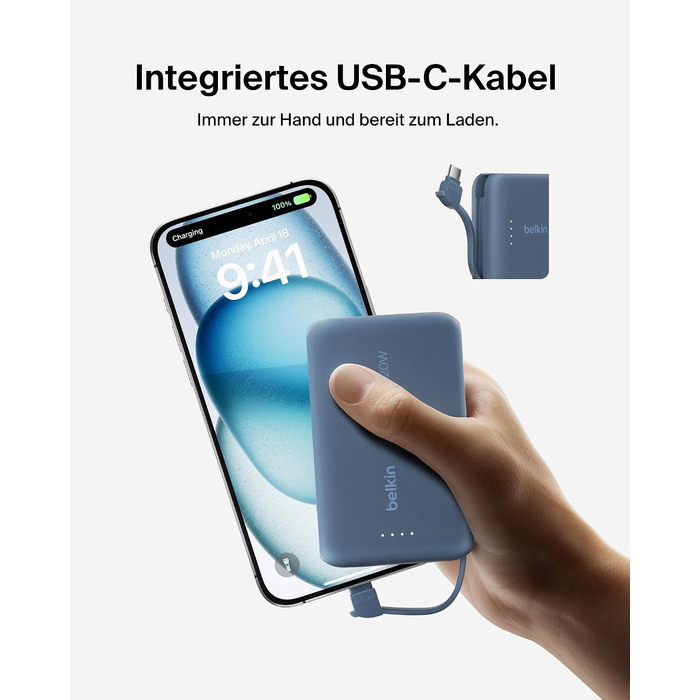 Повербанк Belkin BoostCharge 10000mAh з вбудованим кабелем USB-C, 20W, LED-індикатором, синій